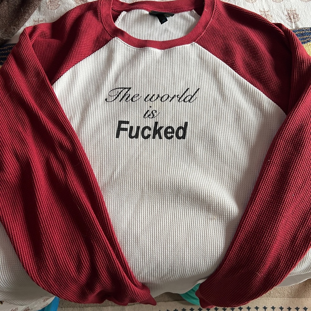 Red and White Graphic Long Sleeve Shirt